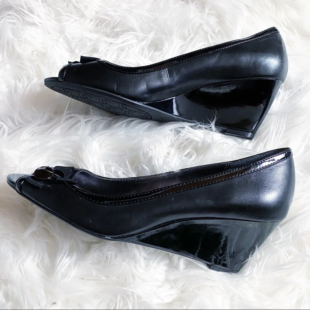 Etienne Aigner Black Peep Toe Patent Wedges SZ 8.5